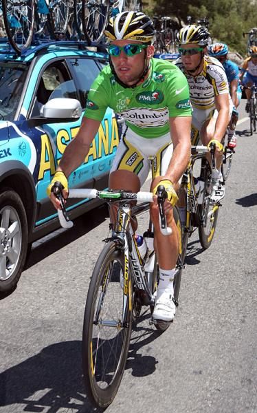 Mark Cavendish (Columbia-HTC) in the green sprinters' jersey.