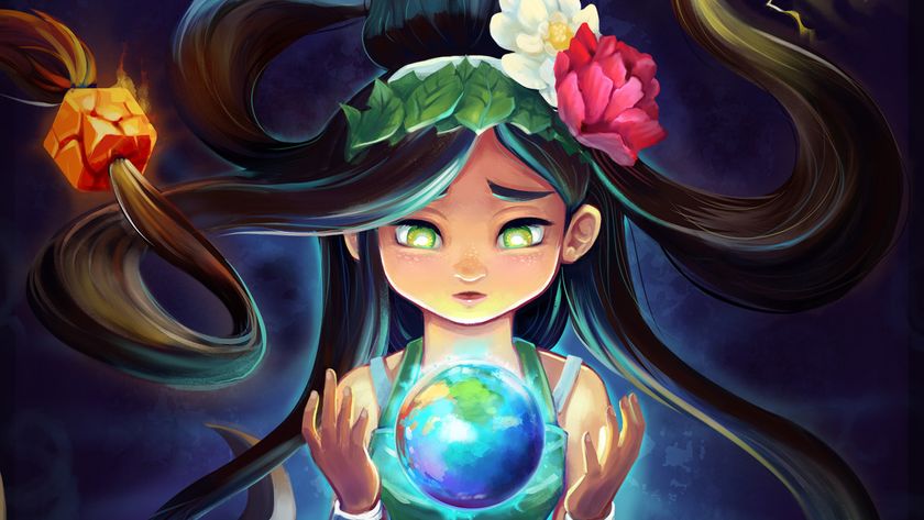 An image of Hytale with a woman holding the Earth in her hands. 