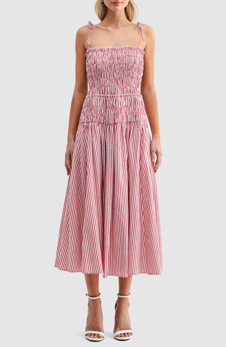 Stripe Smocked Bodice Jersey Midi Dress