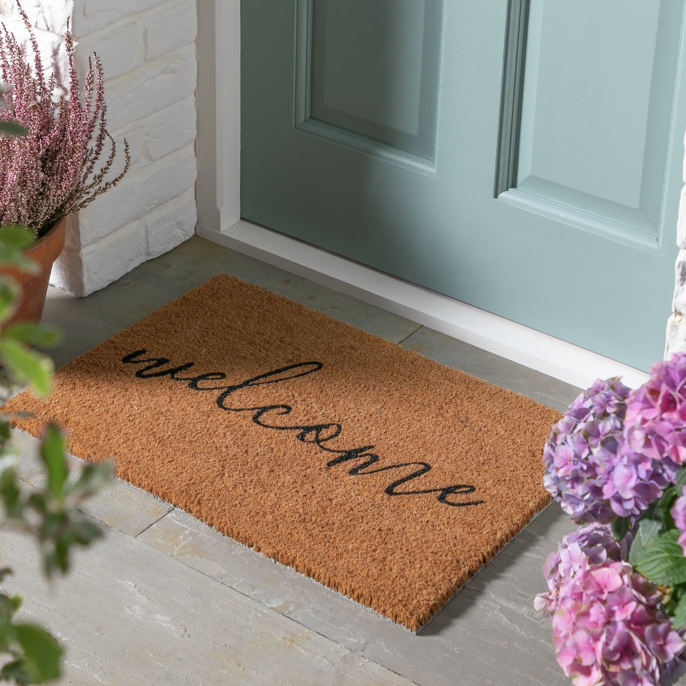 Habitat Welcome Natural &amp;amp; Black Short Pile Doormat - 60x40cm