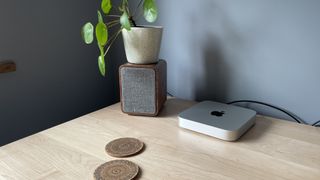 My Mac mini next to a speaker with a plant on top of it. 
