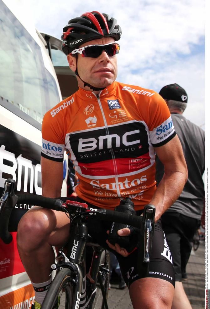 Cadel Evans (BMC) lines up in the ochre jersey for the first time.