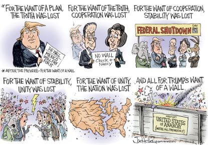 Political cartoon U.S. Trump wall government shutdown Pelosi Schumer