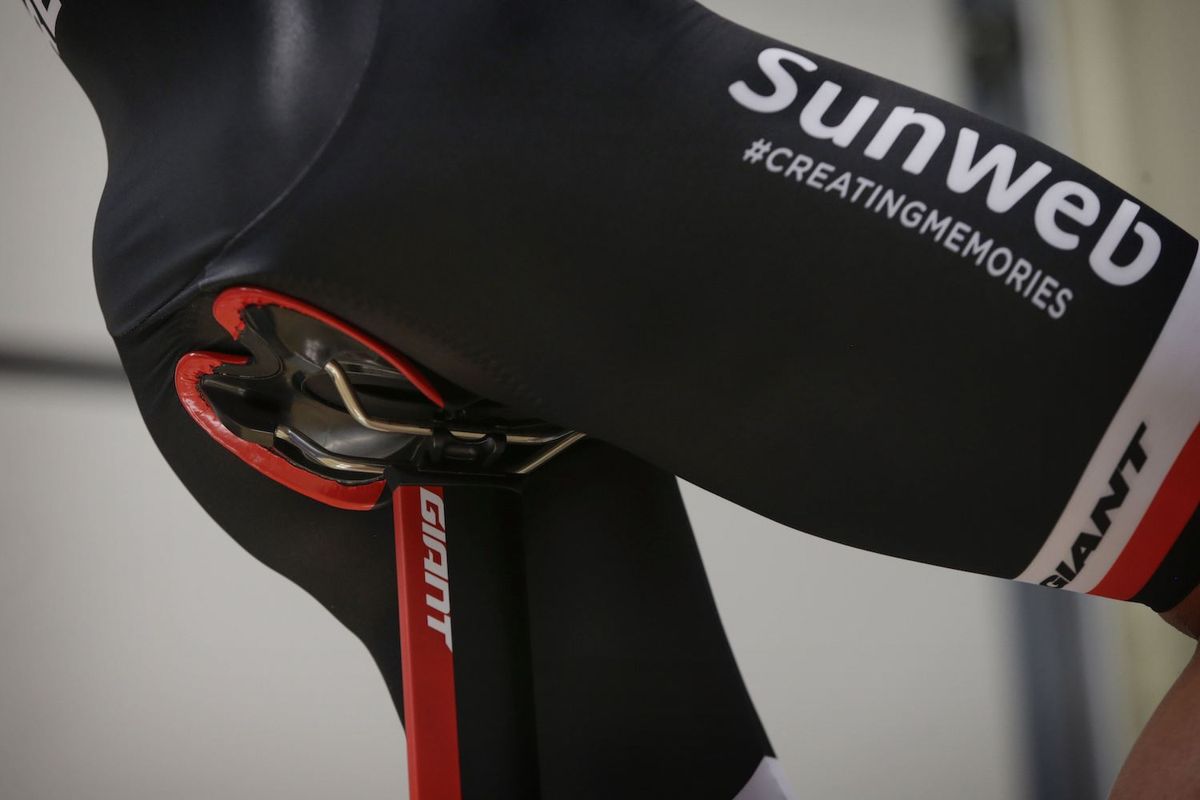Michael Matthews tests out his special skinsuit at the Delft University of Technology wind tunnel