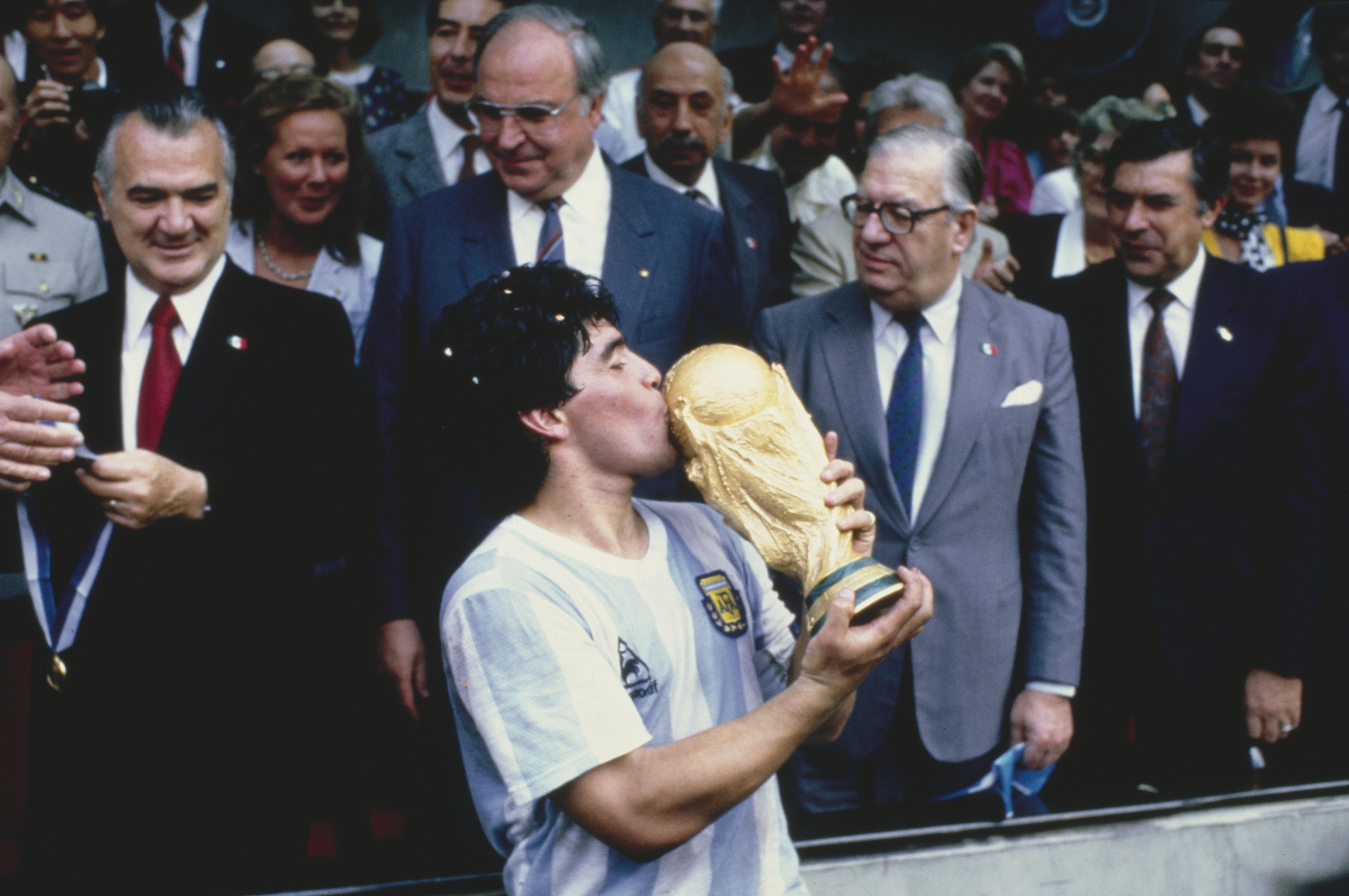 Diego Maradona kisses the World Cup trophy after Argentina's win over West Germany in the final in 1986.