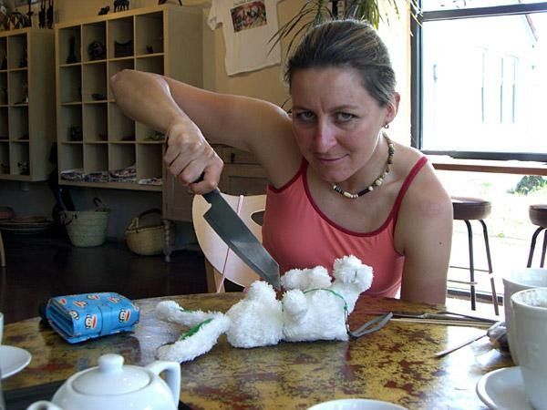 Rachel finds a real knife.