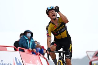 LAGOS DE COVADONGA SPAIN SEPTEMBER 01 Primoz Roglic of Slovenia and Team Jumbo Visma celebrates at finish line as stage winner during the 76th Tour of Spain 2021 Stage 17 a 1855km stage from Unquera to Lagos de Covadonga 1085m lavuelta LaVuelta21 on September 01 2021 in Lagos de Covadonga Spain Photo by Stuart FranklinGetty Images