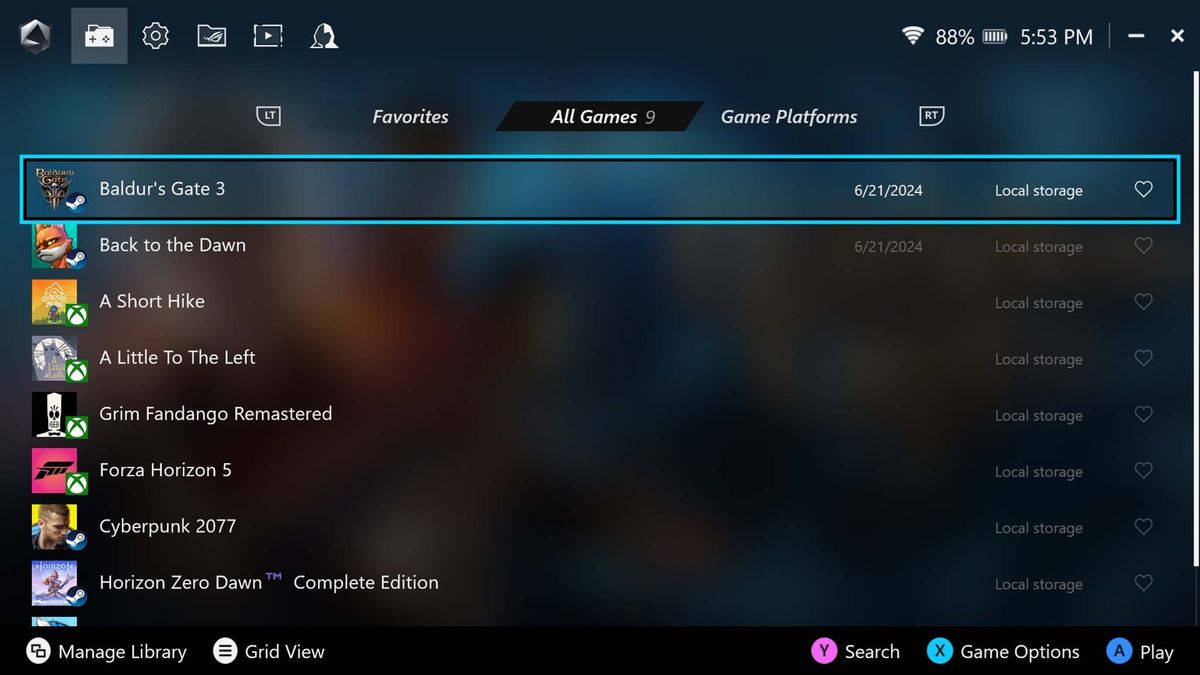 ROG Ally X Armoury Crate SE 1.5: Game launcher list view.
