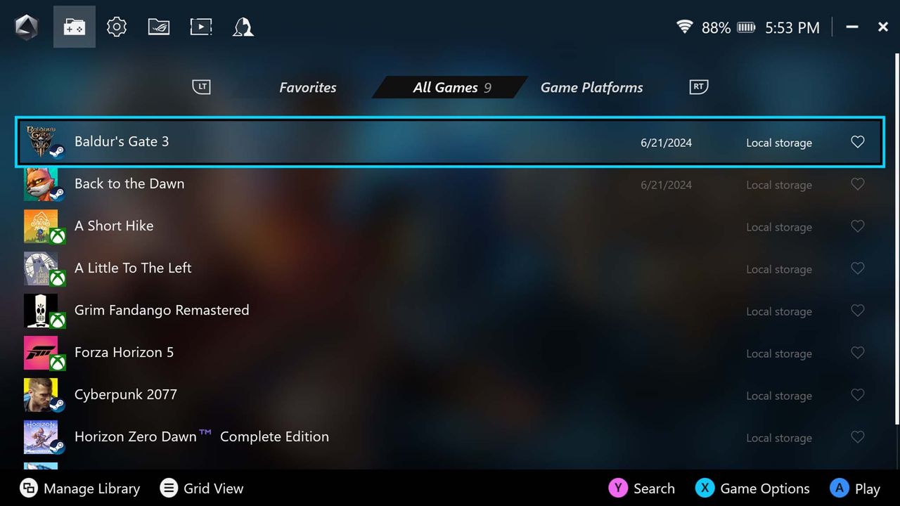 ROG Ally X Armoury Crate SE 1.5: Game launcher list view.