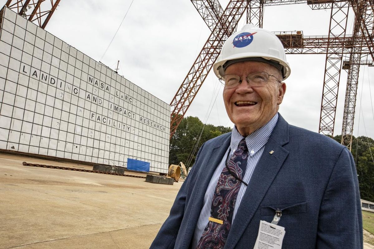 A photo of Fred Haise visiting NASA Langley historic gantry in 2019.