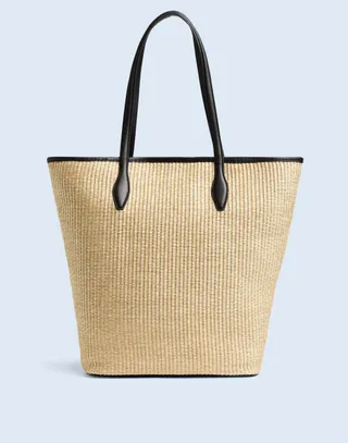large raffia tote with black leather accents 