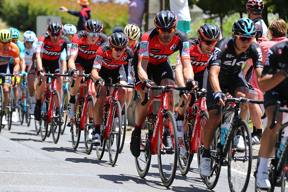 Porte is tucked in the BMC train as the race approaches the final climb.