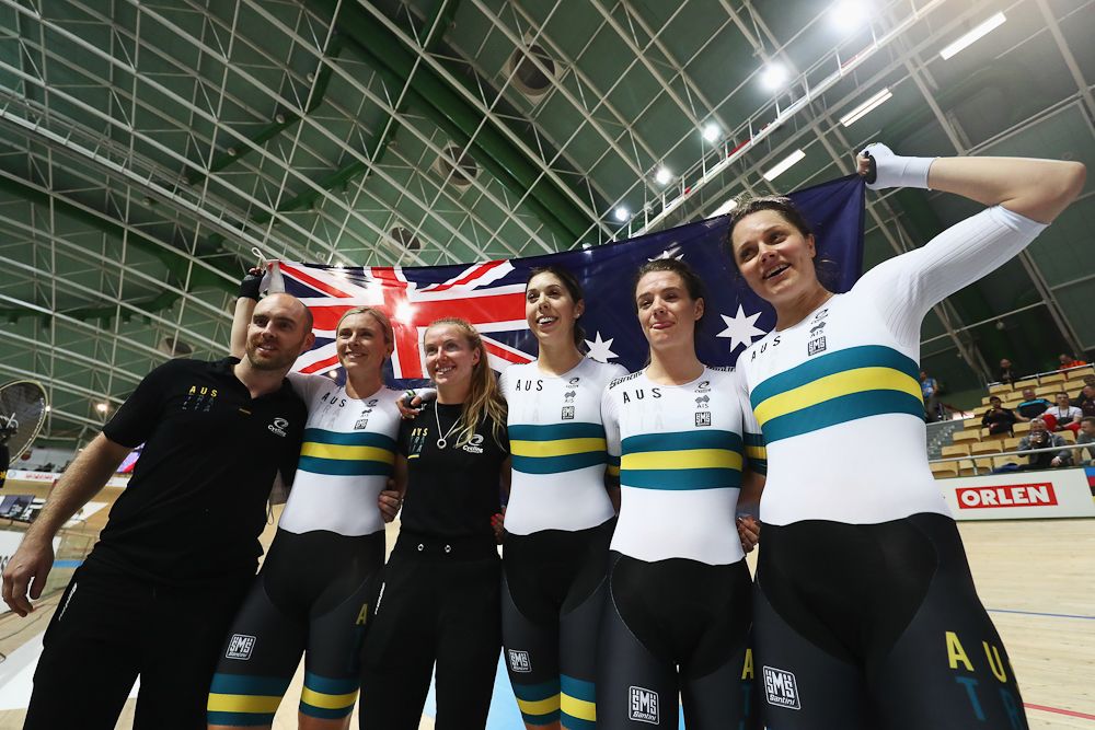 Alexandra Manly, Annette Edmondson, Ashlee Ankudinoff, Georgia Baker and Amy Cure of Australia celebrate winning the gold medal in the Women's Team Pursuit Final