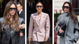 Victoria Beckham's nails: Victoria pictured with nude, square nails and wearing a leather jacket during the Womenswear Spring/Summer 2024 as part of Paris Fashion Week on September 30, 2023 in Paris, France, alongside a picture of Victoria wearing a blazer and dark red nails and finally, a picture of Victoria with a nude manicure and wearing a grey coat and sunglasses in Paris, France 2023