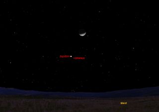 This sky map for Jan. 10, 2011 shows the locations of Jupiter, Uranus and the crescent moon above then both in the western sky at about 9 p.m. EST as seen from New York City area.