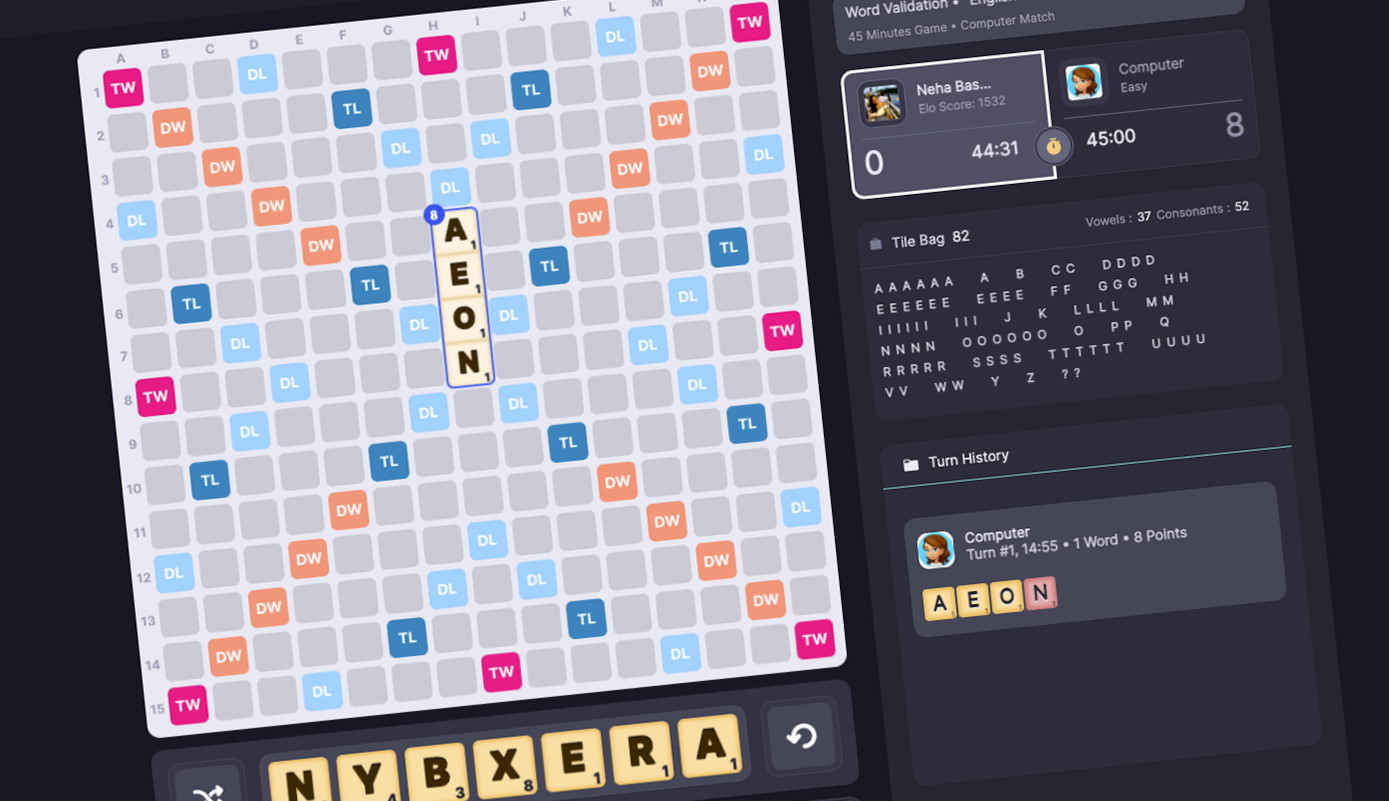Cờ vua là trò chơi trí tuệ với quy tắc đơn giản nhưng cực kỳ hấp dẫn. Với Scrabble, bạn sẽ được khám phá ra vô vàn từ mới và cách sắp xếp chúng trên bàn cờ. Thử thách khả năng đánh chữ của bạn và trải nghiệm sự tương tác giữa các từ để tạo ra điểm số cao nhất.
