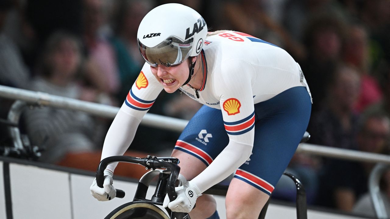 Great Britain&#039;s Emma Finucane takes part in the women&#039;s Elite Sprint final race at the Sir Chris Hoy Velodrome during the UCI Cycling World Championships in Glasgow