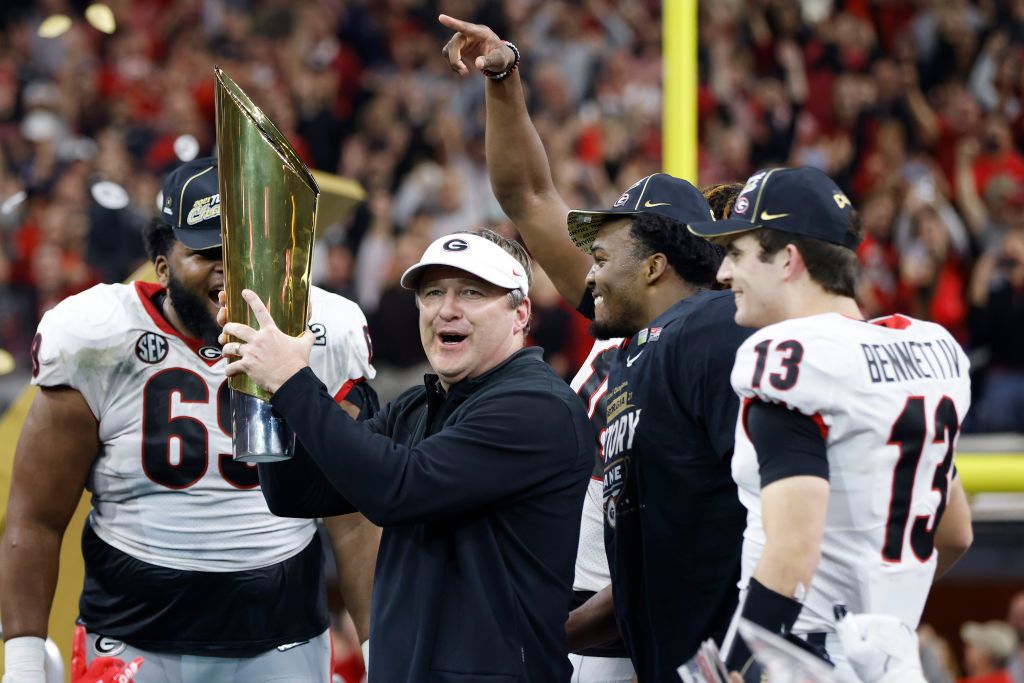 Georgia Bulldogs coach Kirby Smart with 2022 National Championship trophy