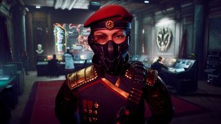 An officer in a imposing military briefing room.