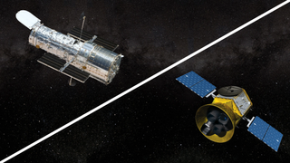 A split screen diagonally. On the top is the Hubble Space Telescope, wrapped in silvery material. On the bottom is TESS, a golden object with blue solar panel wings.