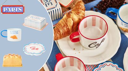 The butter dish, sign, mug, and side dish from the Oliver Bonas Caf&eacute; Collection
