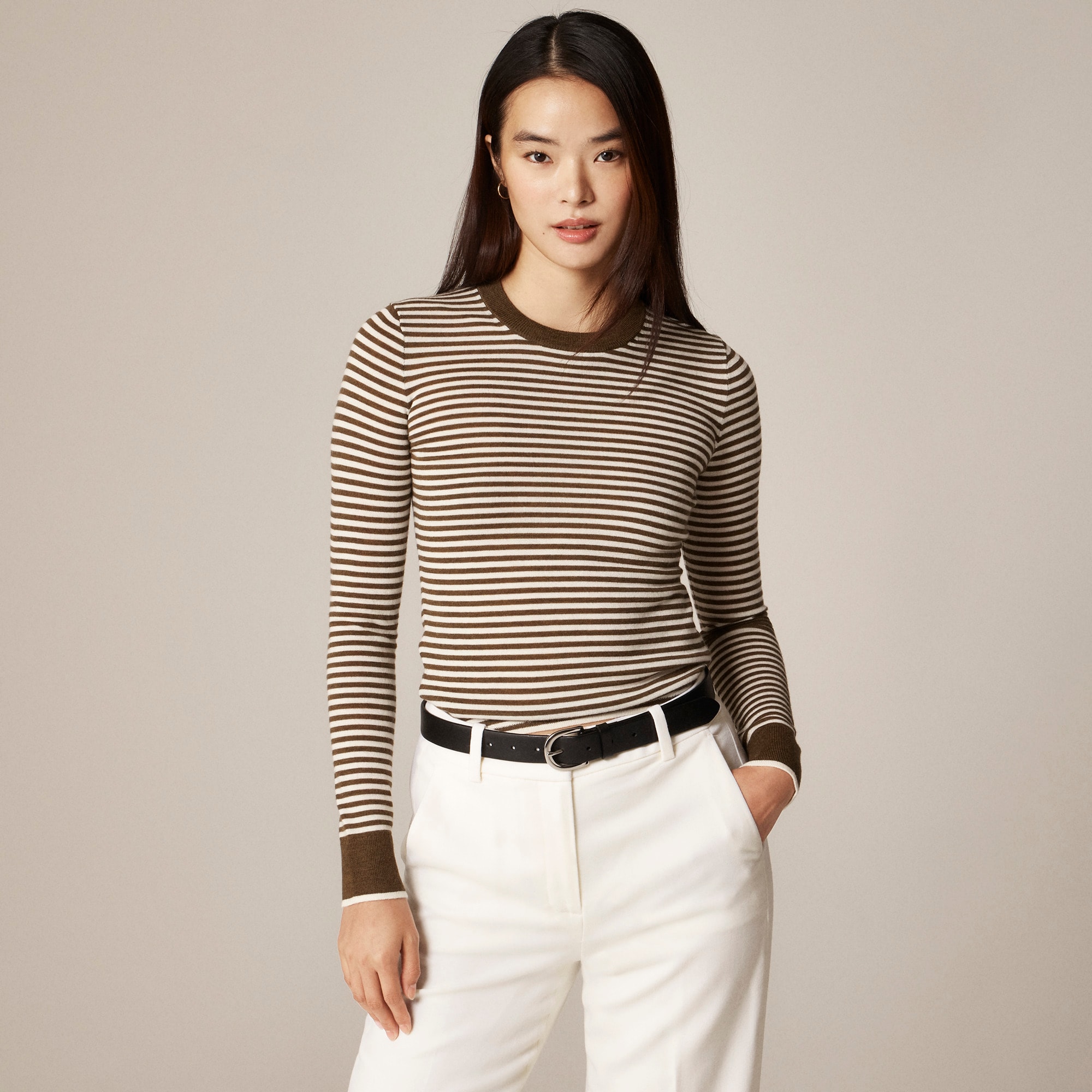 Carolyn Fitted Crewneck Sweater in Striped Merino Wool Blend