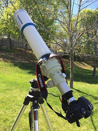 To image the sun in "white light" (plain visible light), Joson and Aguirre use a DSLR camera coupled to a 3-inch apochromatic refractor fitted with a metal-coated glass solar filter on the front (objective) end. This setup is ideal for capturing the partial phases of the eclipse. The solar filter must be removed at the start of totality, and then immediately placed back on the telescope at the end of totality.