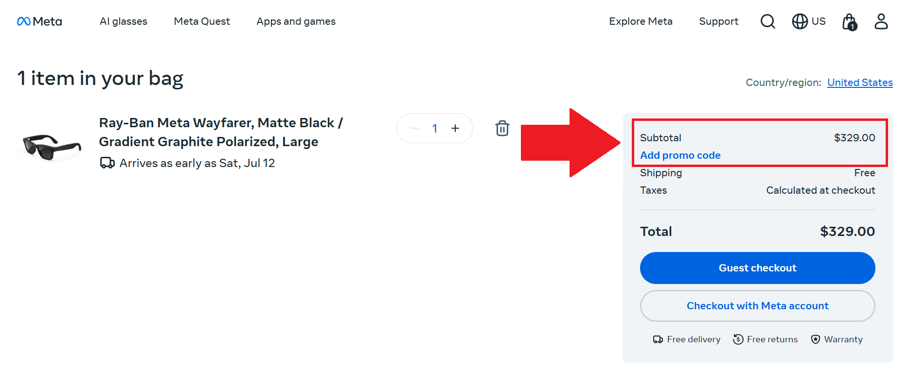 A screenshot of the Meta checkout screen showing where to enter your promo code