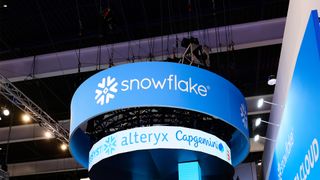 Snowflake logo and branding pictured at Mobile World Congress 2024 in Barcelona, Spain.