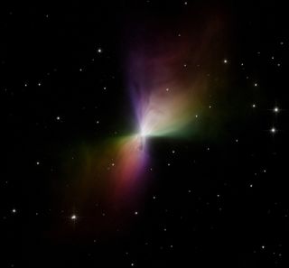 The Boomerang Nebula in all its colorful glory was captured in this image by a camera aboard the Hubble Space Telescope.