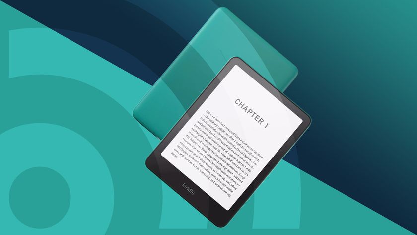 Amazon Kindle Signature Edition in Jade on a cyan and blue background