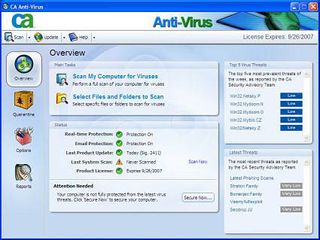 The anti-virus interface offers common management features such as scan scheduling and scan setup as well as a quarantine folder. CA also offers updated information on recent threats such as viruses and phishing attacks.