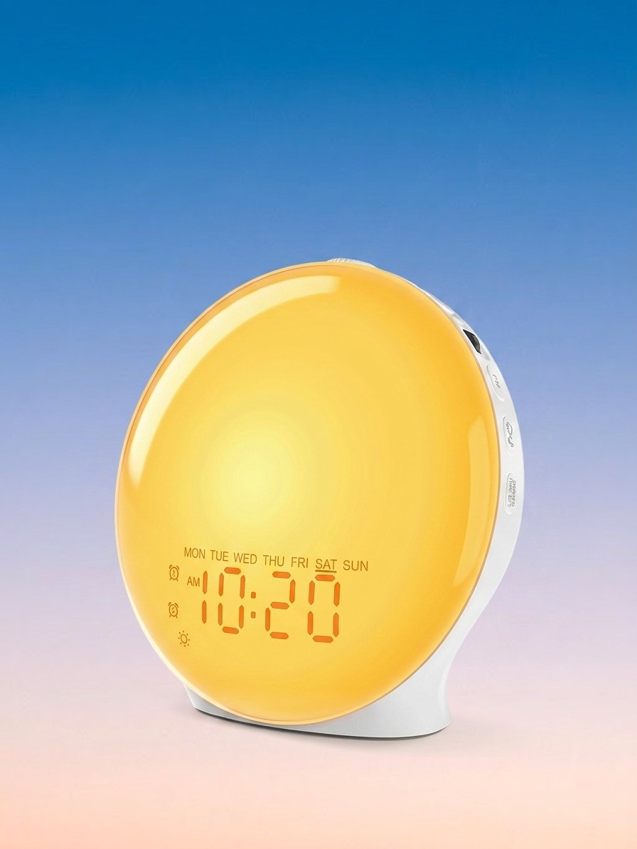 A JALL Sunrise Alarm Clock against a blue sky background, edited by Gemini