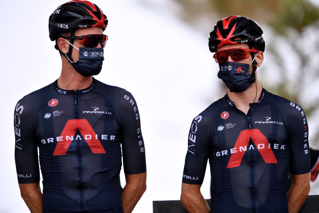 RINCON DE LA VICTORIA SPAIN AUGUST 24 LR Dylan Van Baarle of Netherlands and Adam Yates of United Kingdom and Team INEOS Grenadiers prior to the 76th Tour of Spain 2021 Stage 10 a 189km stage from Roquetas de Mar to Rincn de la Victoria lavuelta LaVuelta21 on August 24 2021 in Rincon De La Victoria Spain Photo by Stuart FranklinGetty Images