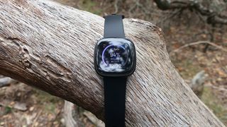 Fitbit Versa 3 on a tree trunk in the woods
