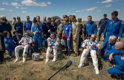 Tim Peake, Yuri Malenchenko, and Tim Kopra land from the International Space Station in Kazakhstan