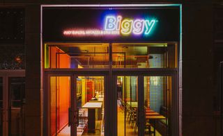 Biggy restaurant in Wroclaw, Poland with bright primary coloured fixture and fittings