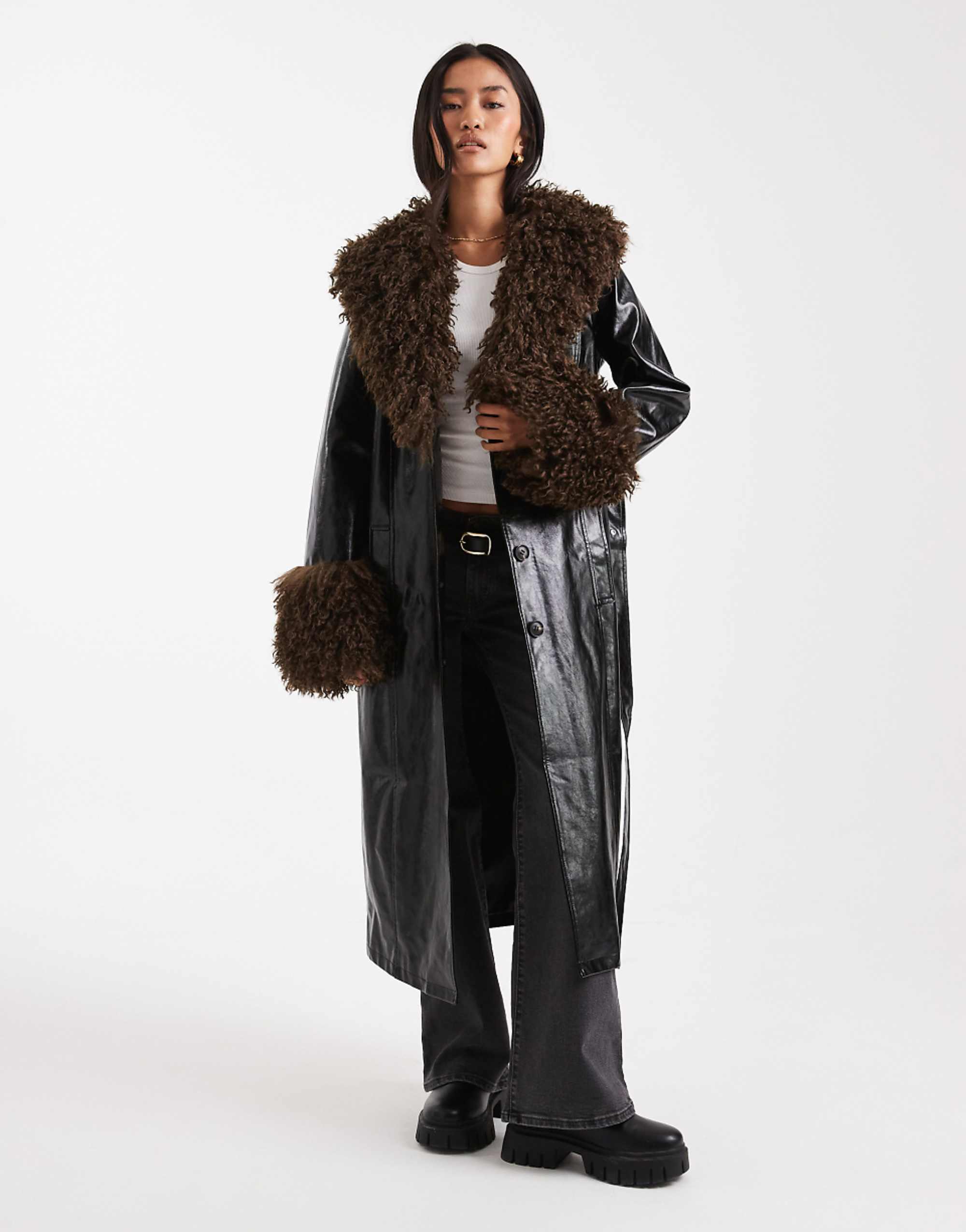 Miss Selfridge Faux Fur Trim Vinyl Trench Coat in Black