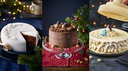 A composite image of three of the best Christmas cakes for 2022 shot by woman&amp;home with a festive backdrop