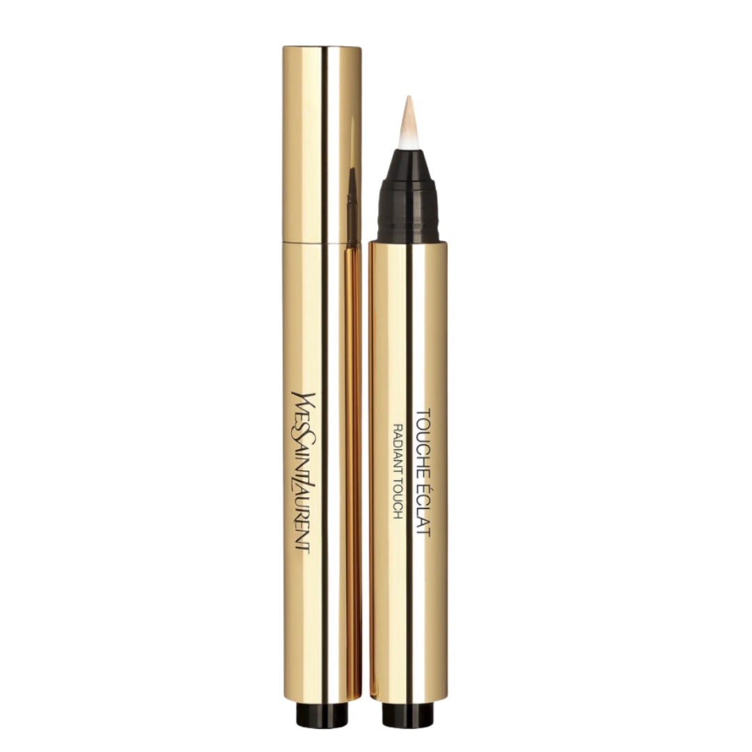 A product shot the Yves Saint Laurent Touche Éclat Illuminating Pen, which has gold shiny packaging, on a white background