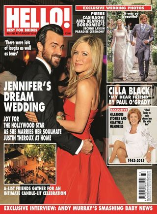 The front cover of Hello magazine with Jennifer Aniston and Justin Theroux