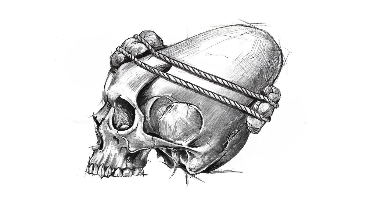 An illustration of a skull missing the jawbone, with two ropes tied around its conical-shaped forehead, with rocks on both the front and rear of the skull to help shape it.