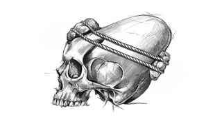 An illustration of a skull missing the jawbone, with two ropes tied around its conical-shaped forehead, with rocks on both the front and rear of the skull to help shape it. 