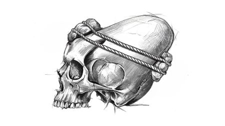 An illustration of a skull missing the jawbone, with two ropes tied around its conical-shaped forehead, with rocks on both the front and rear of the skull to help shape it. 