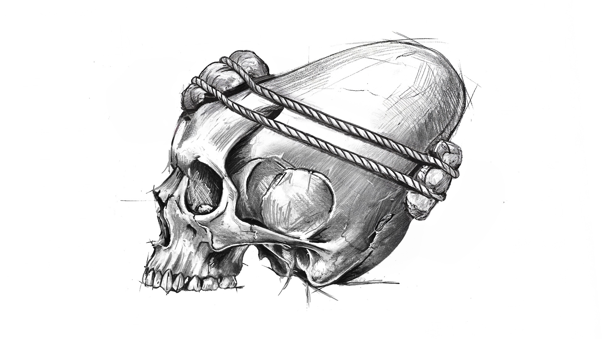 An illustration of a skull missing the jawbone, with two ropes tied around its conical-shaped forehead, with padding on both the front and rear of the skull to help shape it. 