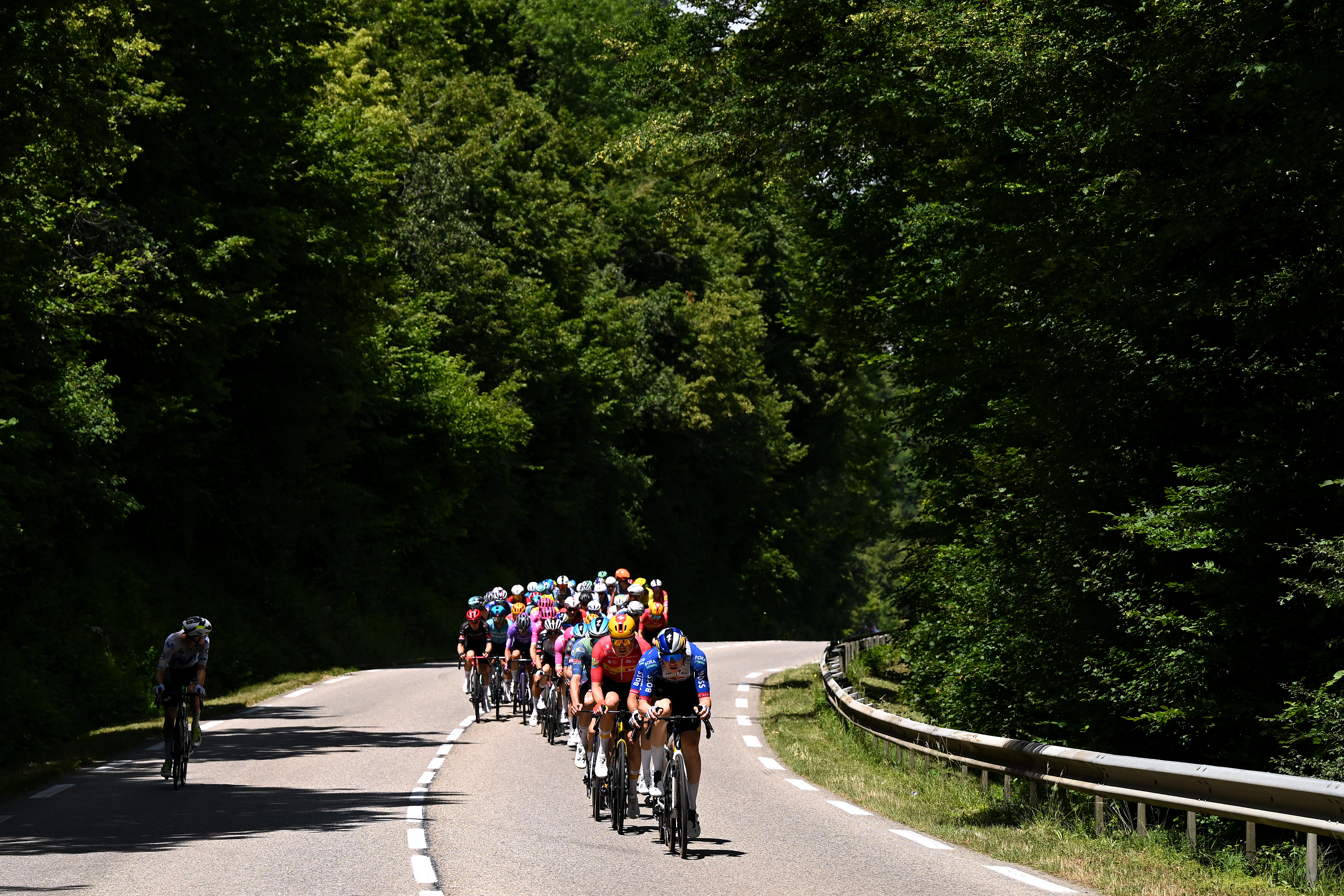 CREST-VOLAND, FRANCE - JUNE 12: Callum Thornley of Great Britain and Team Red Bull - BORA - hansgrohe leads the peloton during the 78th Tour Auvergne-Rhone-Alpes 2026, Stage 6 a 182.3km stage from Saint-Vulbas to Crest-Voland 1211m / #UCIWT / on June 12, 2026 in Crest-Voland, France. (Photo by Dario Belingheri/Getty Images)