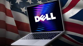 XPS 13 laptop logo with DELL logo on its screen, in front of United Kingdom and United States flags