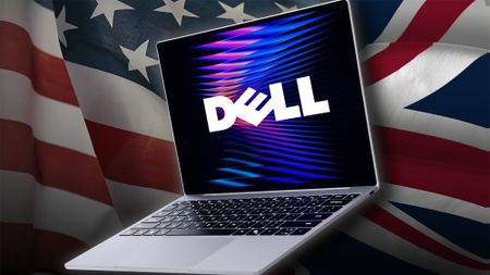 XPS 13 laptop logo with DELL logo on its screen, in front of United Kingdom and United States flags