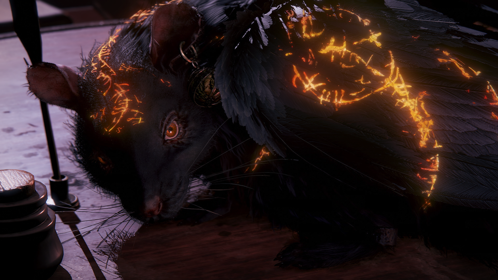 A rat-like creature in The Duskbloods is covered in glowing yellow runes
