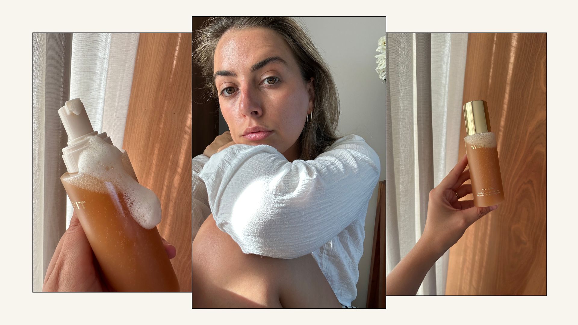 Shannon Lawlor after using Merit Great Skin Double Cleanse, along with images of the bottle in her hands